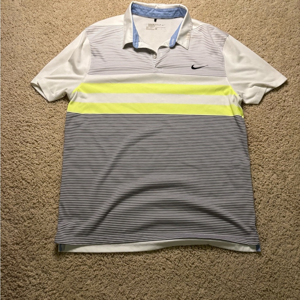 Nike Men's White and Yellow Striped Polo Shirt